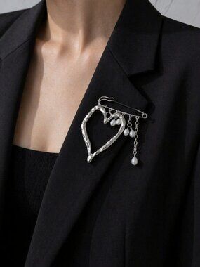 Silver Heart Brooch Pearl Dangle Pin Statement Elegant